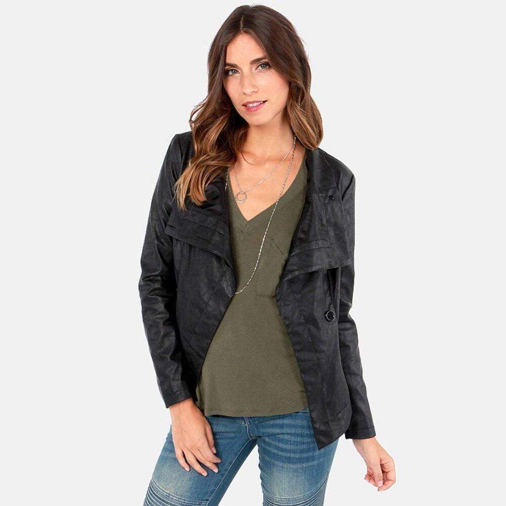 Ark & Co Lulus  Black Vegan Faux Leather Moto Draped Lapel Jacket Coat Womens S